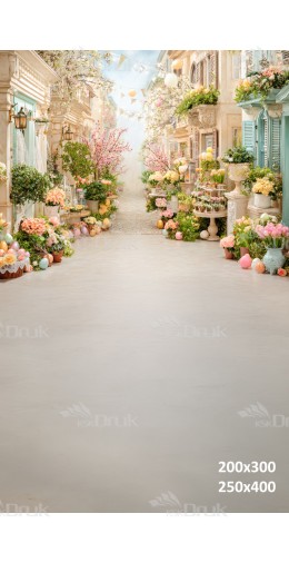 Tło fotograficzne „Romantyczna wiosenna uliczka z kwiatami i pastelową zabudową” | E687